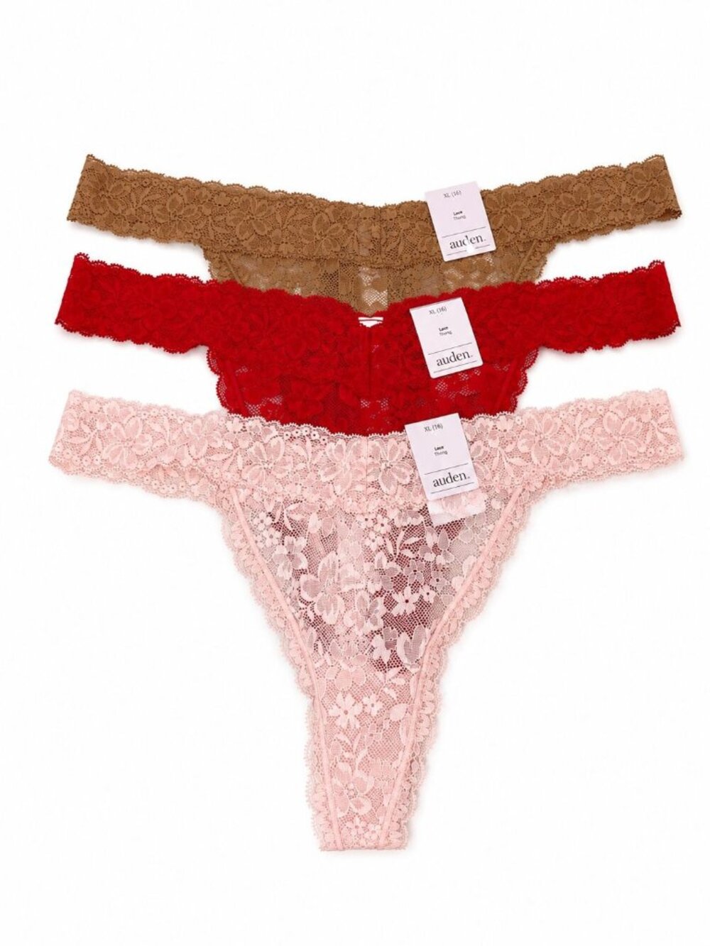Auden size XL (16) Lace Thong 3 Pr. Red, Pink, Brown NEW